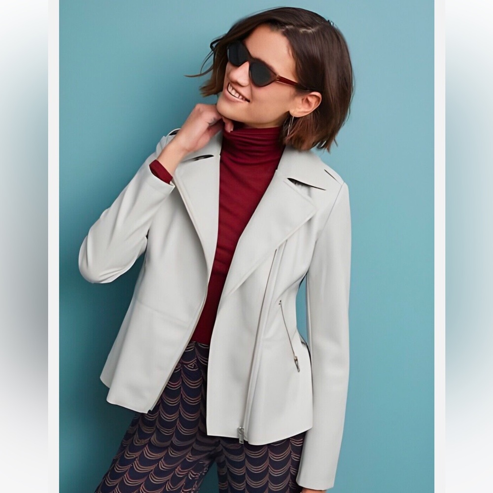Anthropologie Light Gray Faux Leather Peplum Moto Jacket